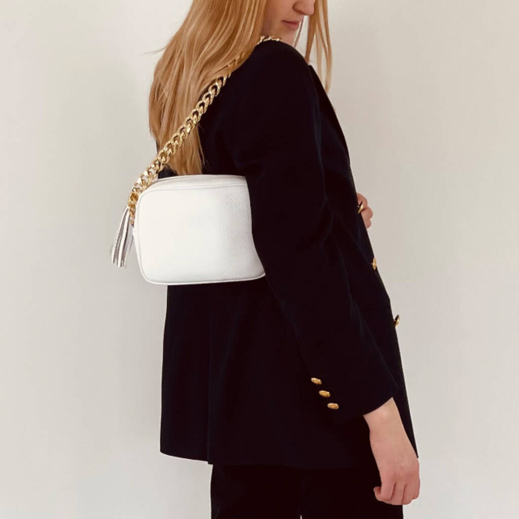 white crossbody strap