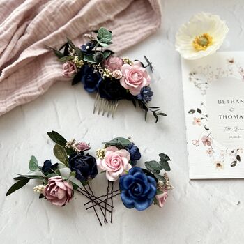 Navy And Dusty Pink Floral Bridal Hair Pins, 4 of 5