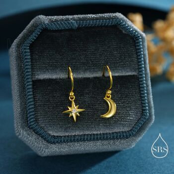 Sterling Silver Extra Tiny Starburst And Moon Dangle Drop Hook Earrings, 7 of 12