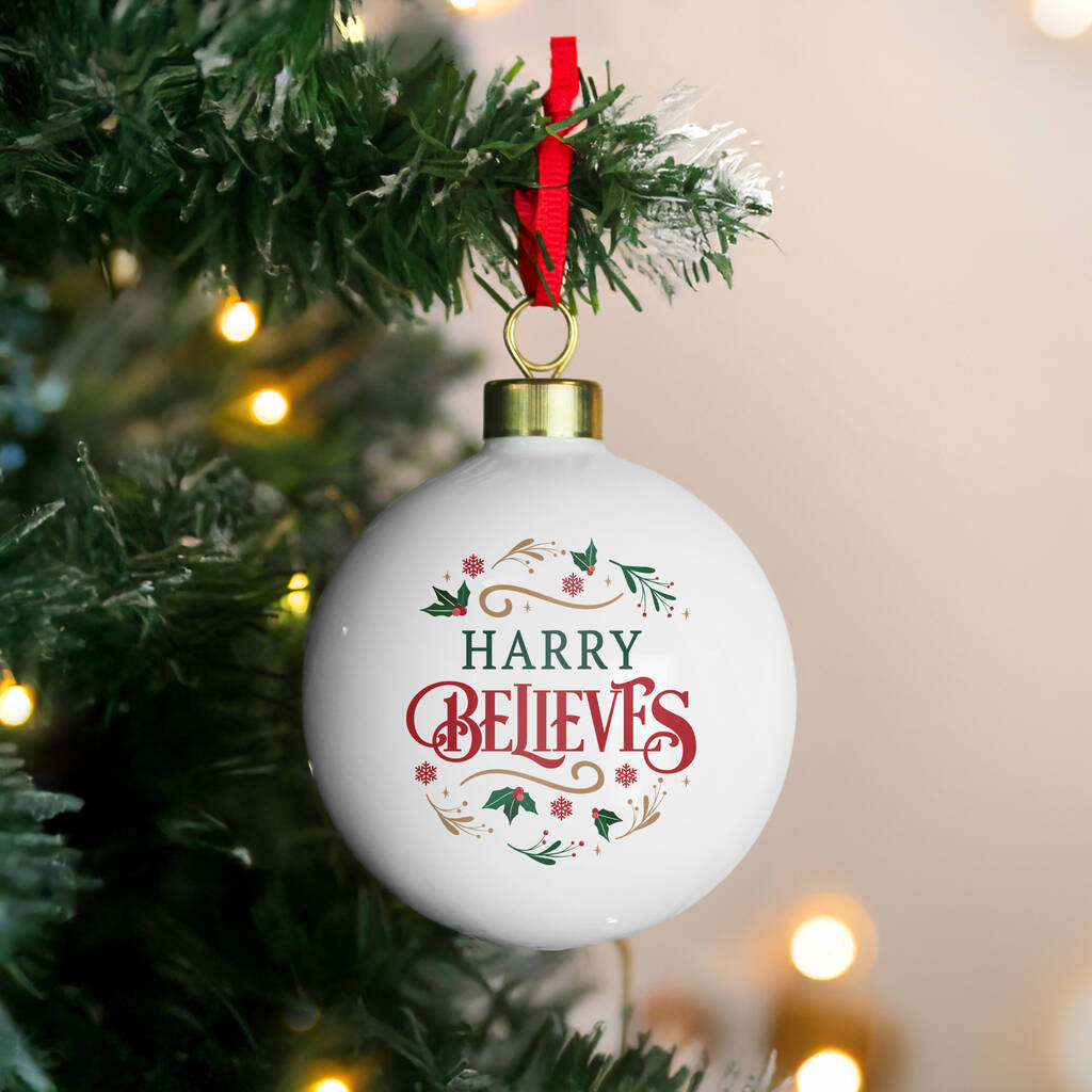 Personalised 'Believes' Christmas Tree Bauble, 1 of 4