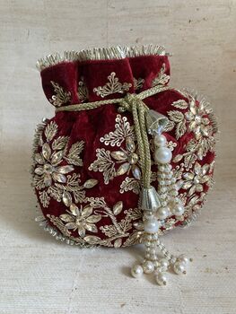 Maroon Velvet Handcrafted Potli Bag, 7 of 10
