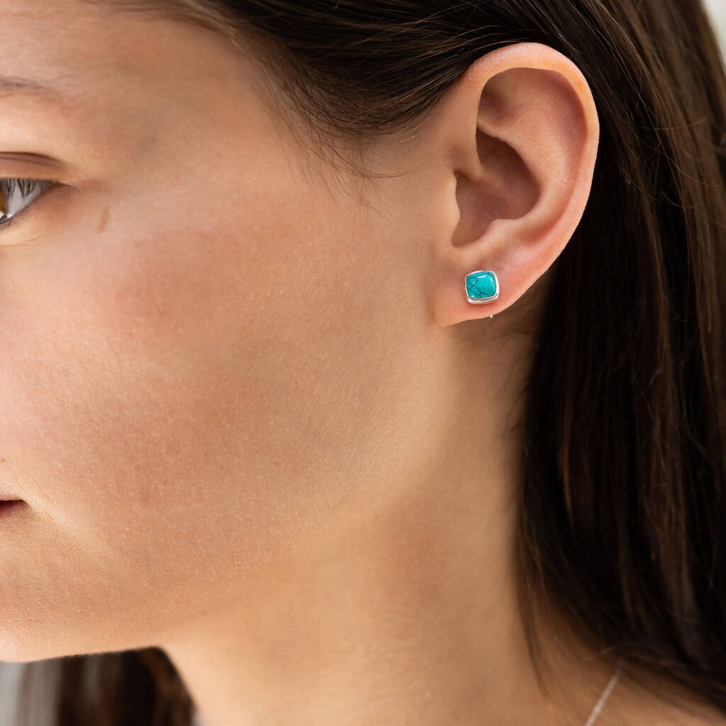 Silver And Reconstituted Turquoise Square Stud Earrings By TigerLily