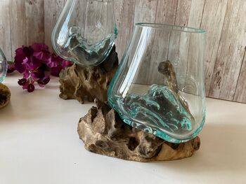 Small Molten Glass Bowl On Teak Root – Wooden Stand, 7 of 9
