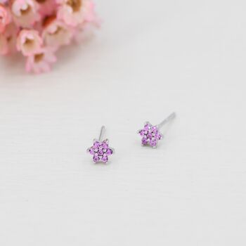 Sterling Silver Pair Of Very Tiny Pink Cz Flower Stud Earrings, 5 of 12