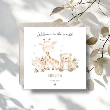 Neutral New Baby Card, Giraffe Bear New Baby Card, 2 of 3