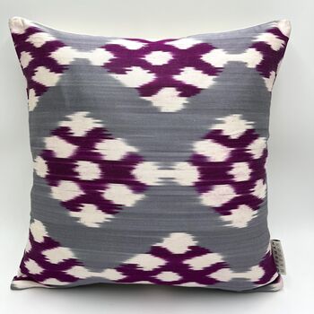 Square Ikat Silk Cushion Grey And Purple Weave, 6 of 7