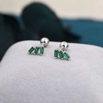 Sterling Silver Emerald Green Baguette Trio Cz Screw Back Earrings, 4 of 12