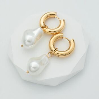 Drop Pearl Earrings On Chunky Hoops, 6 of 10