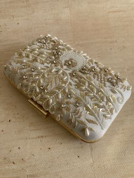 White Handcrafted Rectangular Pearl Clutch Bag, 7 of 10