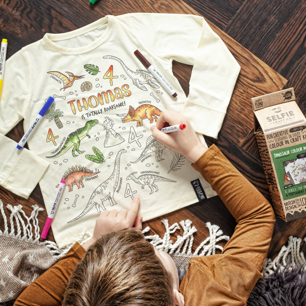 Personalised Dinosaur Colour In Top With Fabric Pens, 1 of 10