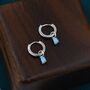 Sterling Silver Blue Opal Droplet Huggie Hoop Earrings, thumbnail 4 of 12