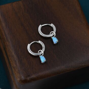 Sterling Silver Blue Opal Droplet Huggie Hoop Earrings, 4 of 12