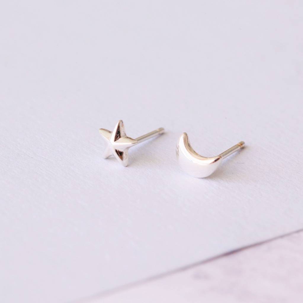 Sterling Silver Moon And Star Ear Studs By Attic Sterling Silver Moon And Star Ear Studs