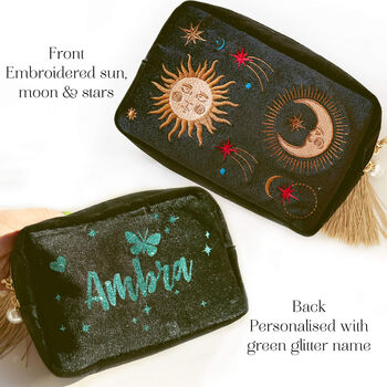 Personalised Velvet Travel Make Up Bag With Green Glitter Name – Embroidered Sun, Moon And Stars, 3 of 10