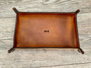 Personalised Rectangle Burnt Tan Leather Desk Tray, 4 of 12