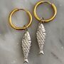 Mini Fish Textured Charm Slim Hoop Drop Earrings, thumbnail 1 of 5