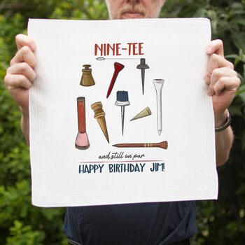 90th Birthday Golf Handkerchief Pair– Personalised “Nine Tee And Still On Par” Gift, 2 of 3