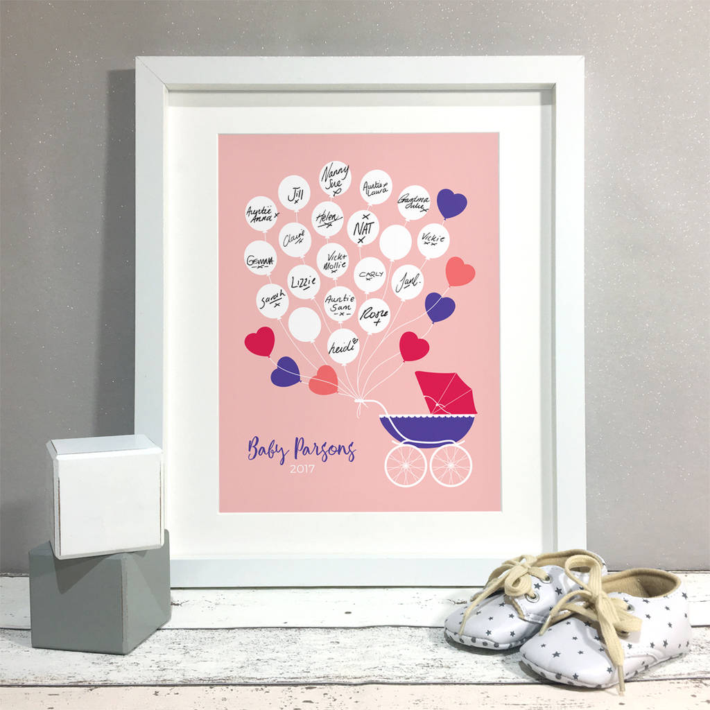 pram personalised baby shower guest book print by bird & key