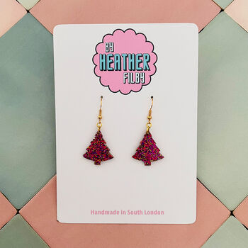 Red Wine / Hot Pink And Gold Glitter Christmas Tree Earrings Small And Large, 7 of 9