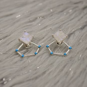 Raw Moonstone, Turquoise Sterling Silver Earrings, 2 of 7