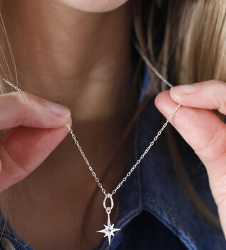 White Topaz North Star Charm Necklace In Silver Or Gold, 2 of 7