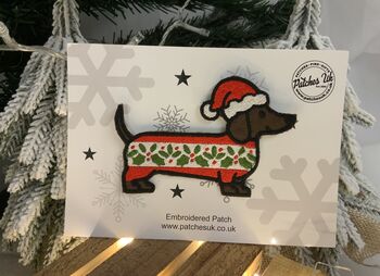 Christmas Dachshund Dog Embroidered Fabric Patch, 2 of 2