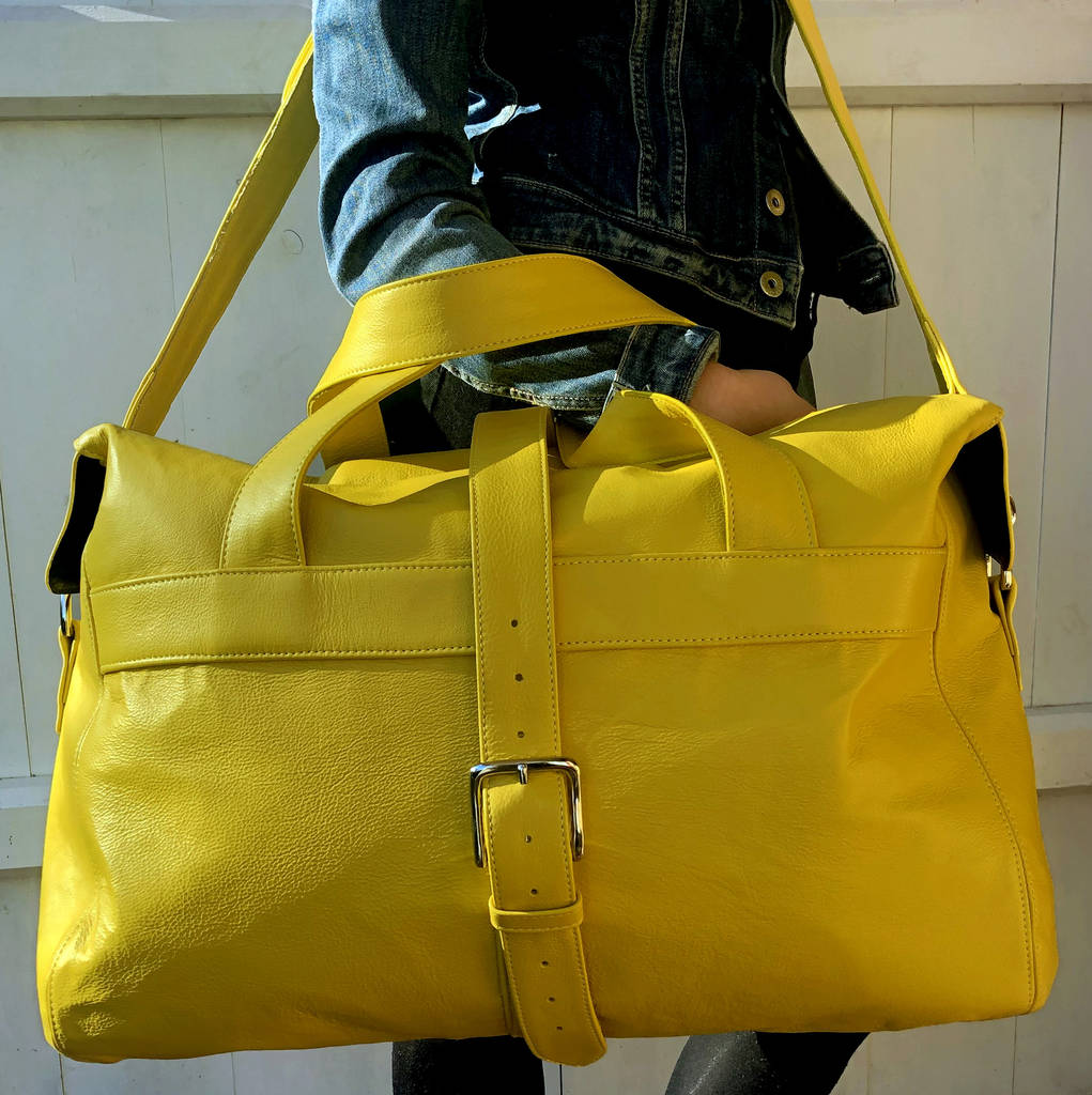 personalised handcrafted yellow leather travel bag by freeload ...