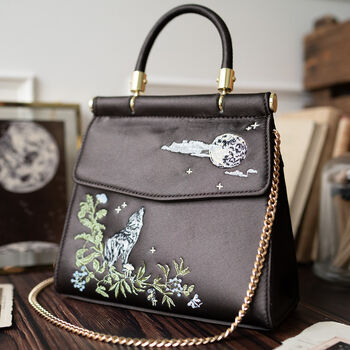 Wolf And Moon Embroidered Charcoal Satin Tote, 2 of 8