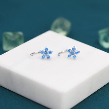 Blue Forget Me Not Flower Cz Huggie Hoop Earrings, 4 of 11