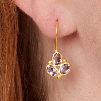 Garnet Triple Stone Gold Plated Silver Drop Earrings, 9 of 12