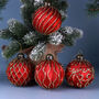 G Decor Set Of Four Hand Painted Satin Red Glass Baubles Luxury Gold Detail Christmas Tree Ornaments, thumbnail 1 of 5