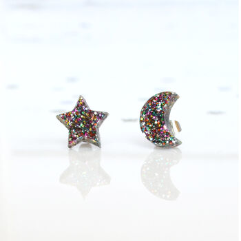 Laser Cut Celestial Glitter Star Moon Earrings Studs, 5 of 5