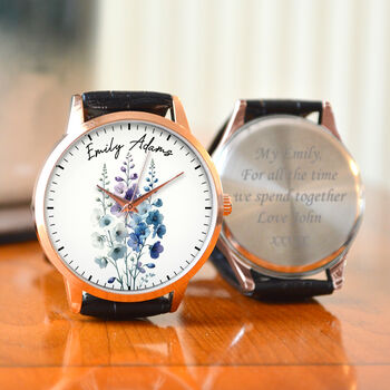 Personalised Wrist Watch With Floral Larkspur Design, 2 of 3