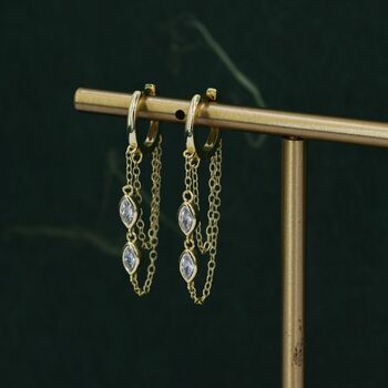 Sterling Silver Marquise Cz Crystal Chain Hoops Earring, 5 of 12