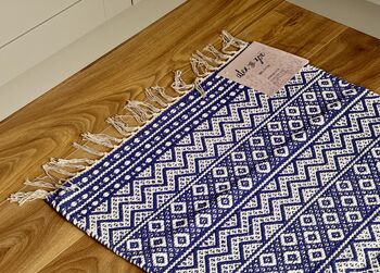 Blue And White Geometric Patterned Rug, 69cm X 114cm, 2 of 3