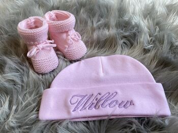 Personalised Newborn Hat, Bib And Booties Gift Set, 3 of 8