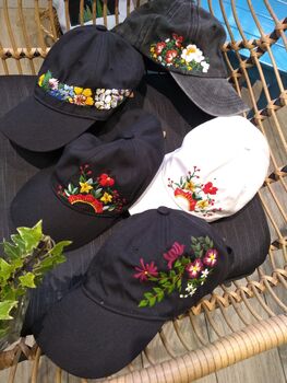 Black Cotton Cap With Hand Embroidered Flower, 5 of 5