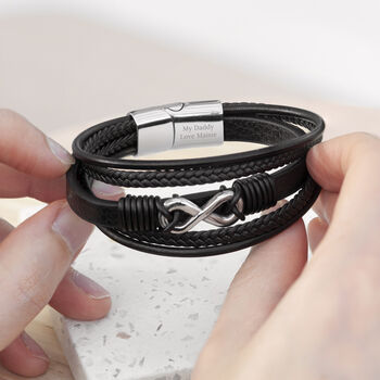 Engraved Silver Plated Infinity Stacked Leather Bracelet, 2 of 5