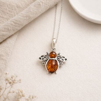 Personalised Sterling Silver Amber Bee Pendant Necklace, 7 of 11