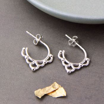 Sterling Silver Ornamental Hoop Stud Earrings, 2 of 10