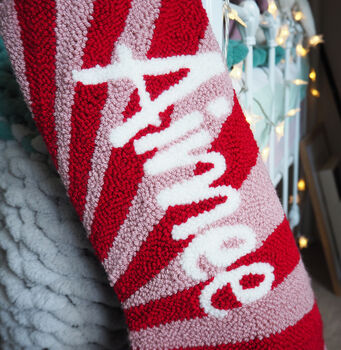 Custom Red And Pink Stripe Christmas Stocking, 2 of 4