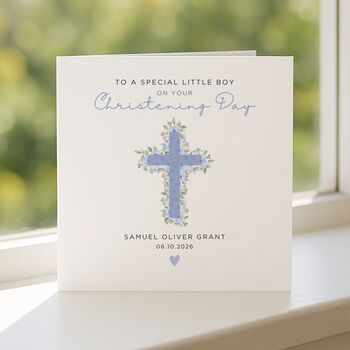 Personalised Floral Cross Christening Card For Baby Boy, 7 of 7