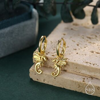Sterling Silver Flying Dragon Huggie Hoop Earrings, 4 of 11