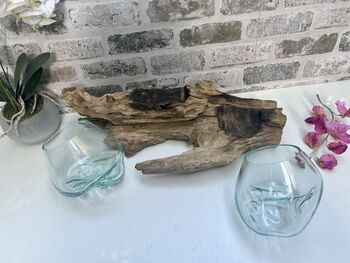 Teak Root Wooden Display With Double Molten Glass Bowls, 7 of 11