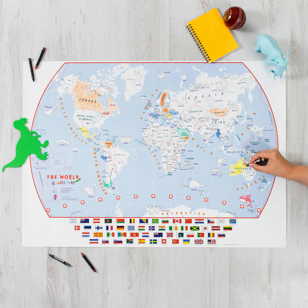 doodle world map with crayons by maps international