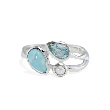 Larimar, Blue Topaz And Freshwater Pearl Trio Ring, 5 of 7