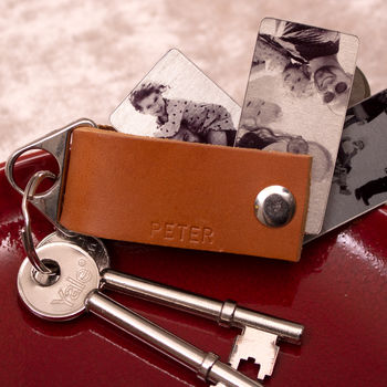 Men's Tan Leather Personalised Photo Keyring Gift, 9 of 9