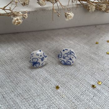 Blue Floral Ceramic Hexagon Earrings Vintage Blue, 8 of 11
