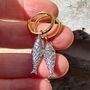 Mini Fish Textured Charm Slim Hoop Drop Earrings, thumbnail 2 of 5