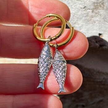Mini Fish Textured Charm Slim Hoop Drop Earrings, 2 of 5